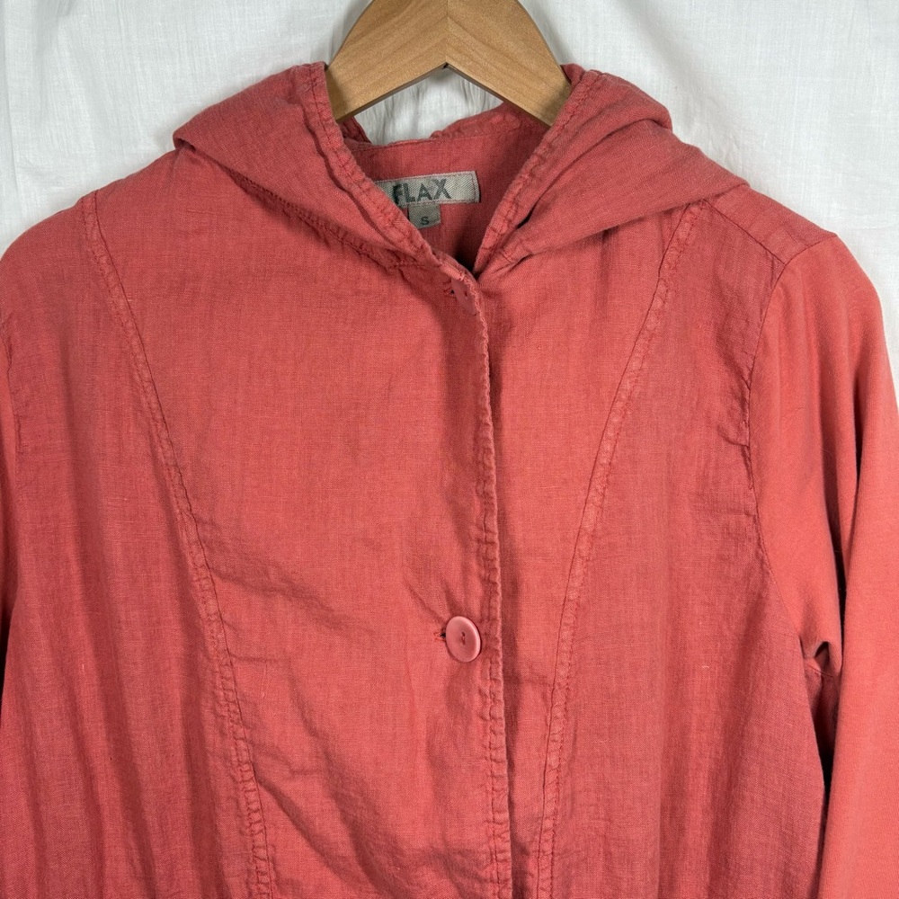Flax 100% Linen Coral Salmon Hooded Drawstring Light Shacket Shirt Tunic Size‎ S - Picture 2 of 11